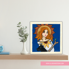 Framed artwork of a woman with a sun on her head and a black cat, displayed on a shelf.
