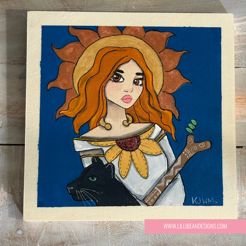 Artistic depiction of a woman with red hair, a sunflower, and a black cat on a blue background.