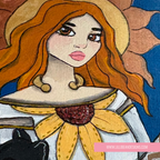 Illustration of a character with red hair and a sunflower design, featuring LilliBean Designs branding.