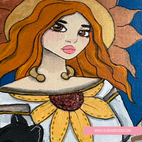 Illustration of a character with red hair and a sunflower design, featuring LilliBean Designs branding.