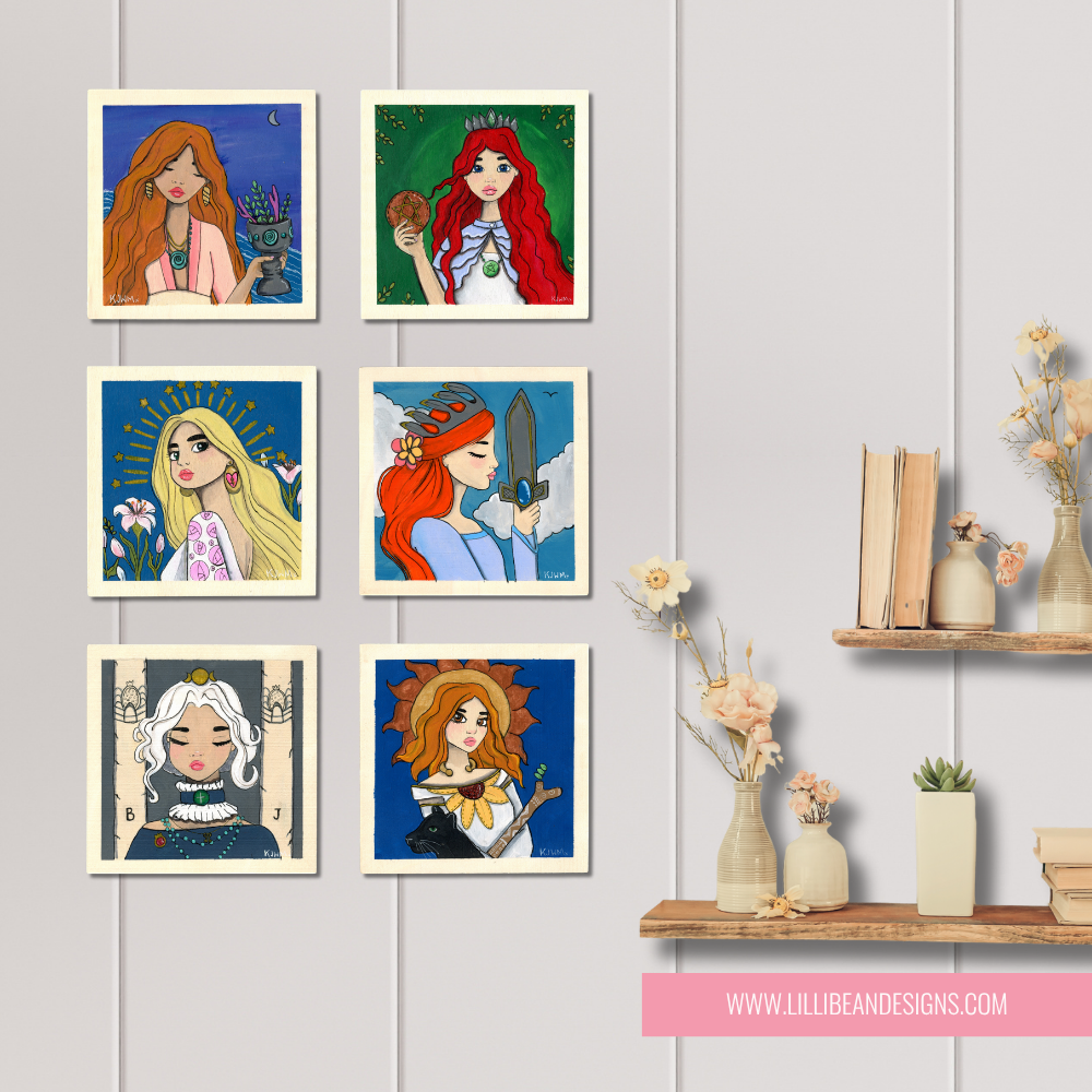 Set of six colorful illustrations of stylized female characters on a wall with a shelf below.