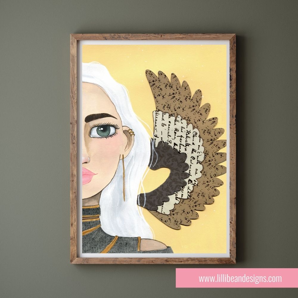 Framed artwork of a stylized portrait with a decorative fan on a yellow background