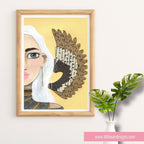 Framed artwork of a stylized face with a decorative headpiece on a yellow background, next to a plant.