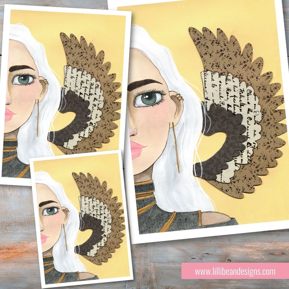 Illustration of a woman with a decorative headpiece on a wooden surface
