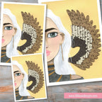 Illustration of a woman with a decorative headpiece on a wooden surface
