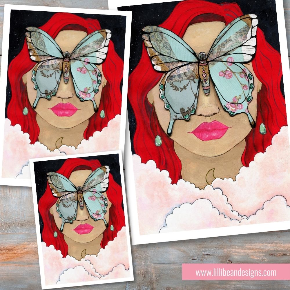 Illustration of a woman with red hair and butterfly wings on a wooden surface.