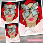 Illustration of a woman with red hair and butterfly wings on a wooden surface.