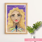 Framed artwork of a woman with blonde hair and a dragonfly on a purple background, displayed on a white wall with a plant.