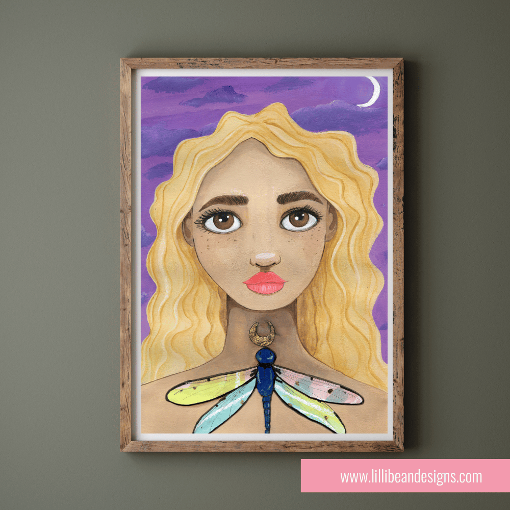 Framed artwork of a woman with a dragonfly on her neck against a purple sky.