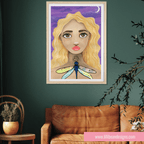 Framed artwork of a woman with a dragonfly on a green wall above a brown leather sofa.