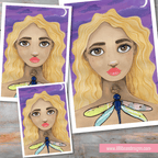 Illustration of a woman with blonde hair and a dragonfly on a purple background, repeated on different sizes.