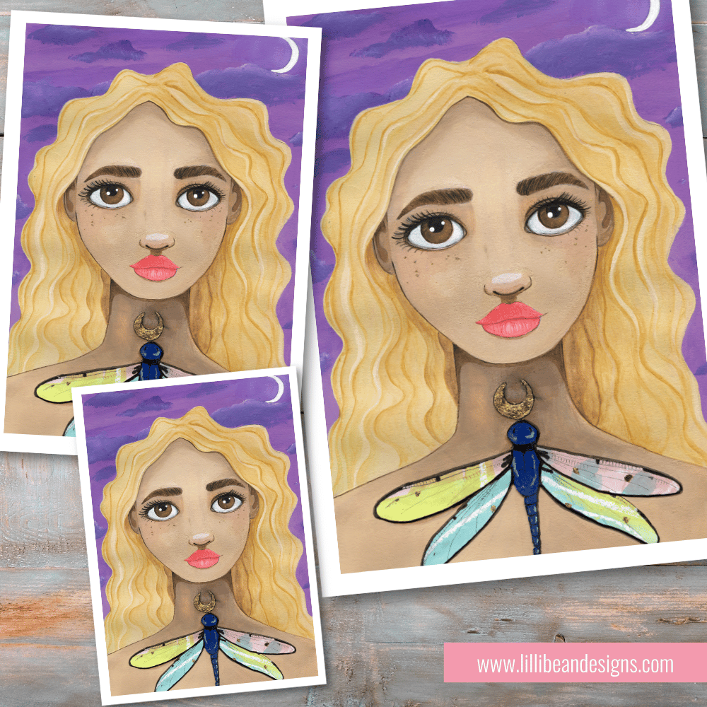 Illustration of a woman with blonde hair and a dragonfly on a purple background, repeated on different sizes.
