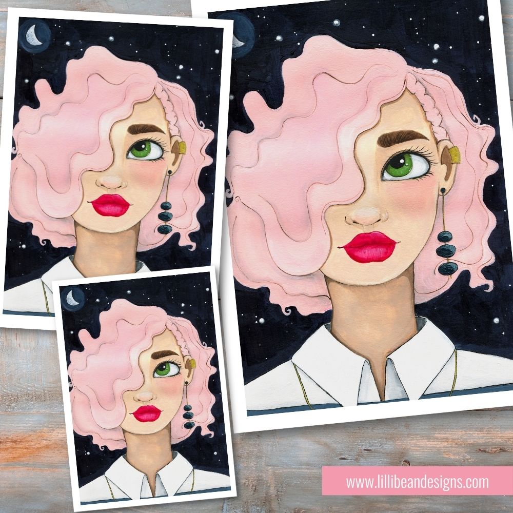 Illustration of a woman with pink hair and green eyes on a starry night background, with a website address at the bottom.
