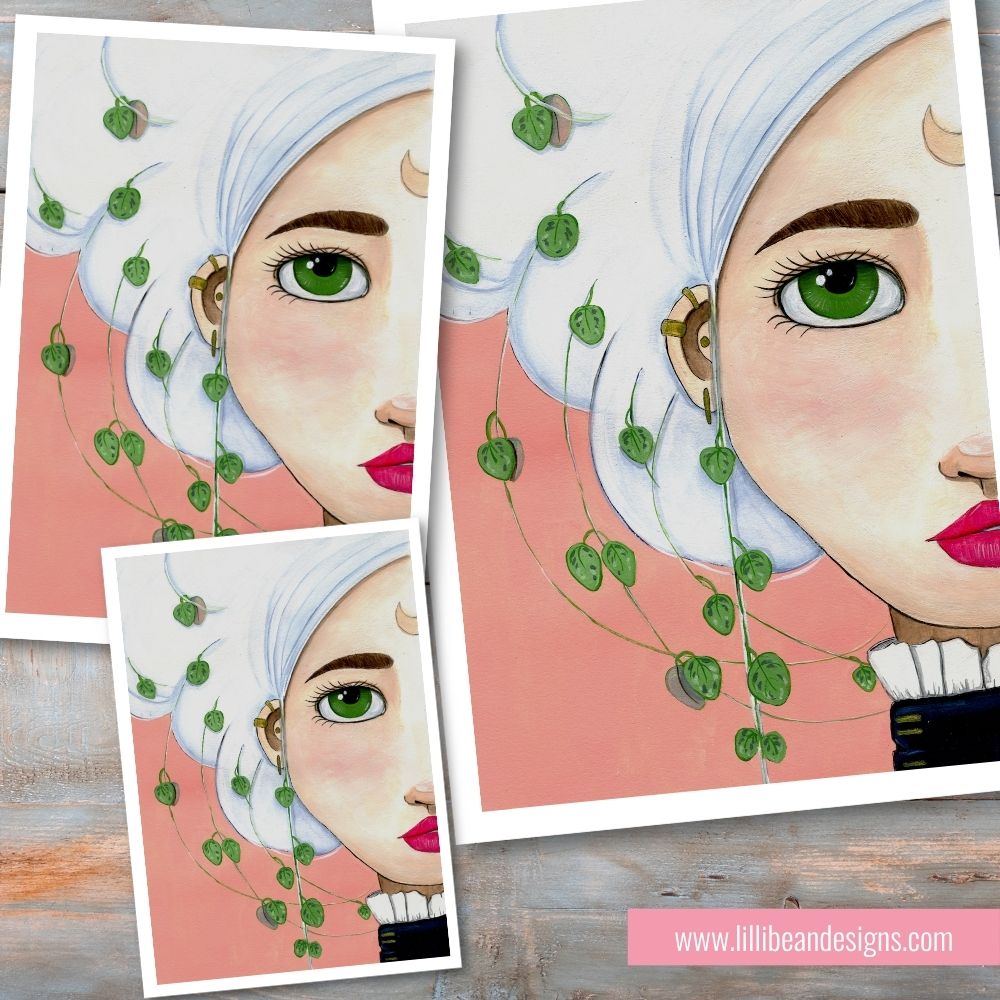 Illustration of a woman with white hair and green eyes, surrounded by green leaves on a pink background.