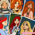 A collage of illustrated art prints showing stylized female portraits with varied hair colors, clothing, and backgrounds. The prints are arranged in an overlapping fan layout with visible white page borders.
