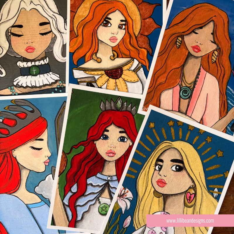 A collage of illustrated art prints showing stylized female portraits with varied hair colors, clothing, and backgrounds. The prints are arranged in an overlapping fan layout with visible white page borders.