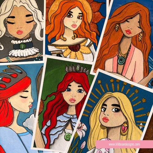 A collage of illustrated art prints showing stylized female portraits with varied hair colors, clothing, and backgrounds. The prints are arranged in an overlapping fan layout with visible white page borders.