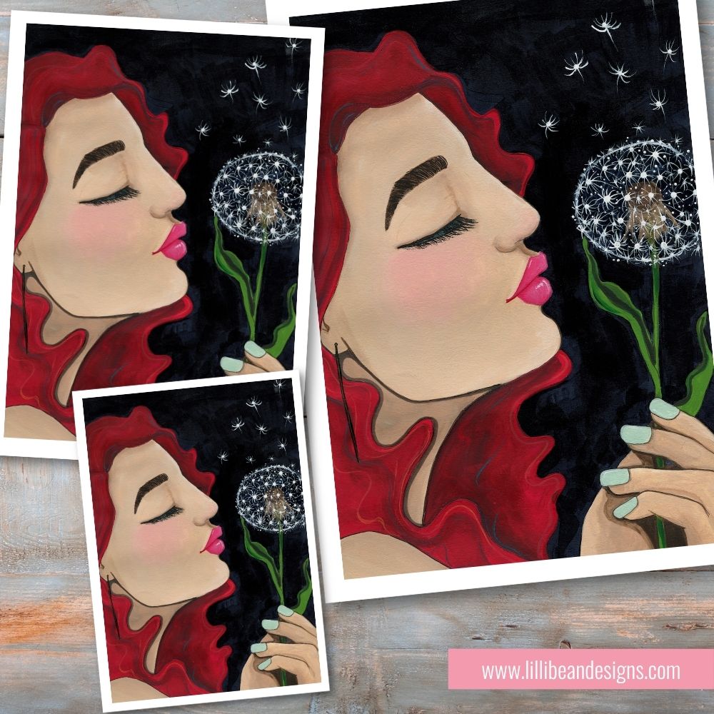 Illustration of a woman with red hair blowing on a dandelion against a dark background.