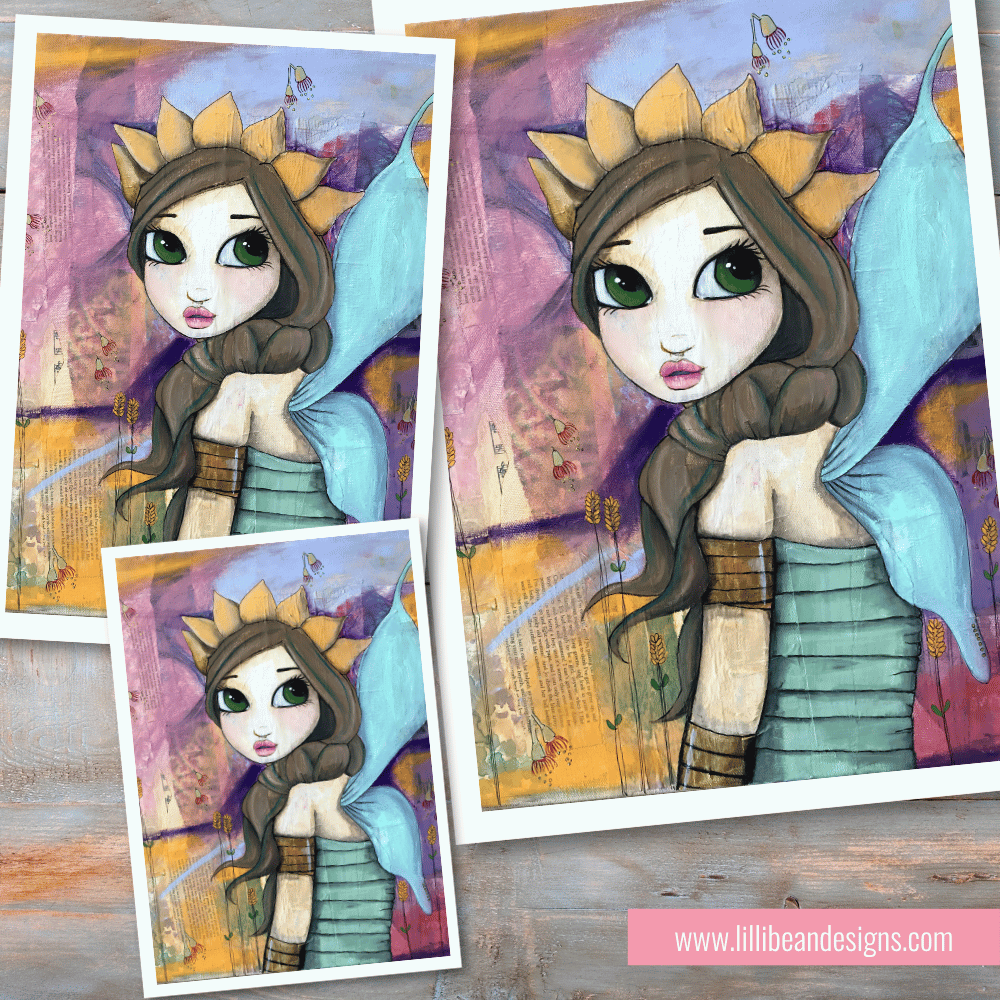 Illustration of a fairy-like character with a crown and flowing hair on a colorful background.