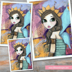 Illustration of a fairy-like character with a crown and flowing hair on a colorful background.