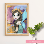 Framed artwork of a fairy with a colorful background on a white wall.