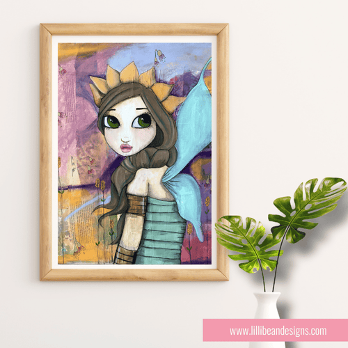 Framed artwork of a fairy with a colorful background on a white wall.