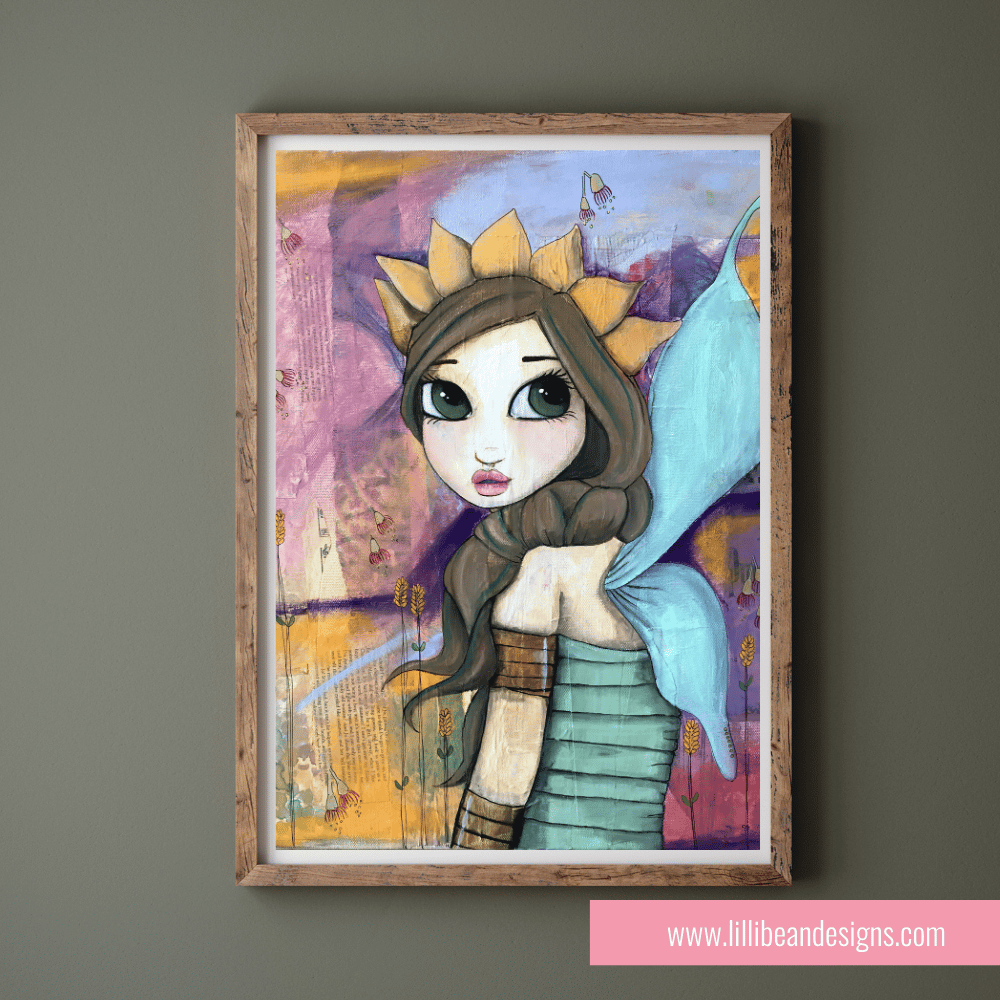 Framed artwork of a stylized character with a bird on a gray wall, featuring the website www.lillibean designs.com.