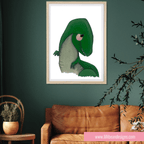 Framed illustration of a green dinosaur on a dark green wall above a brown sofa.