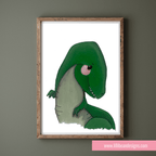 LITTLE T-REX PAINTING IN A FRAME ON A GREEN WALL