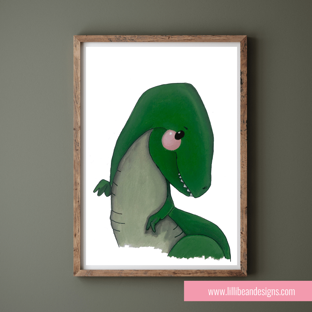 LITTLE T-REX PAINTING IN A FRAME ON A GREEN WALL