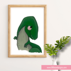 Framed illustration of a green dinosaur on a white wall with a plant.