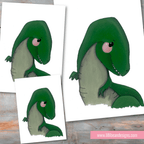 Cartoon dinosaur illustration on a white background with a wooden surface below.
