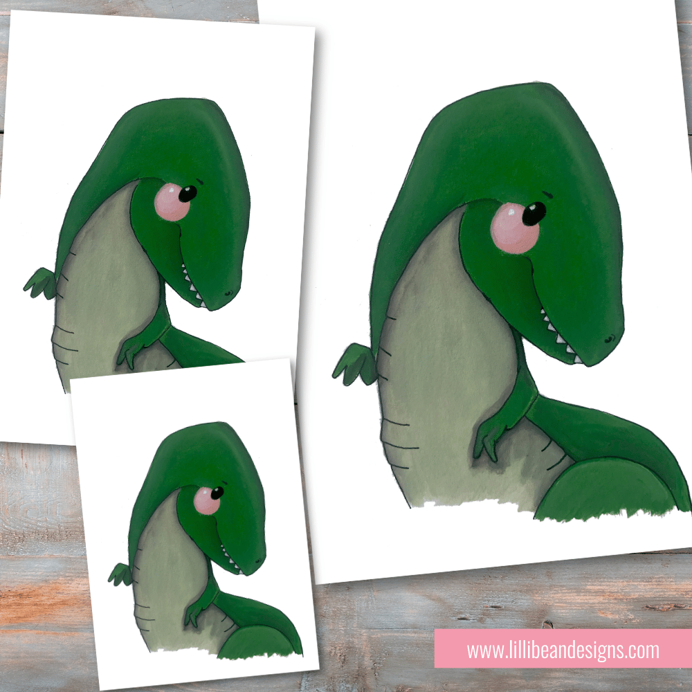 Cartoon dinosaur illustration on a white background with a wooden surface below.