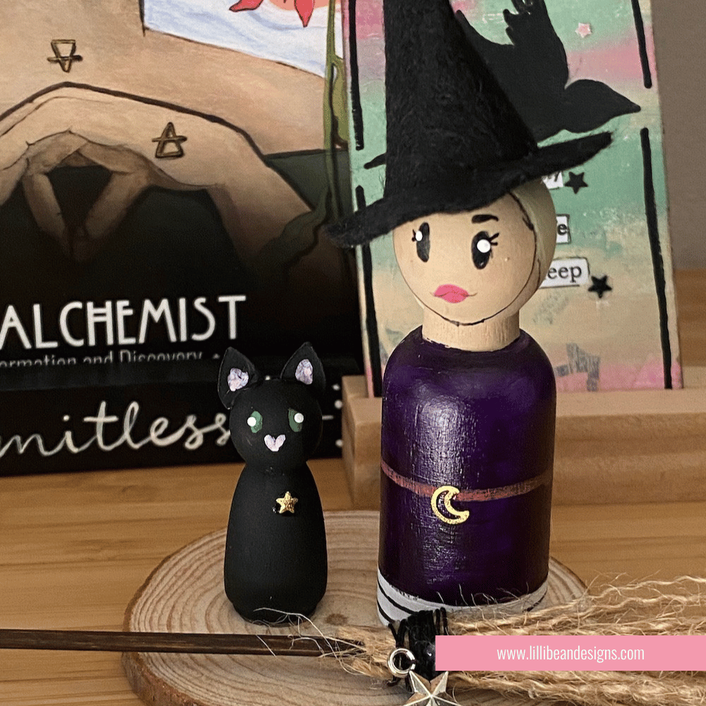 witch with black hat purple dress black cat and handmade broom LilliBean Designs