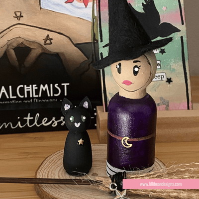 witch with black hat purple dress black cat and handmade broom LilliBean Designs